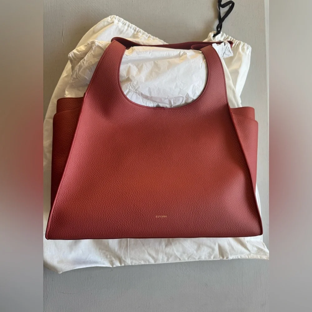 NWT Cuyana Double Loop Satchel in Dark Terracotta Pebbled Leather